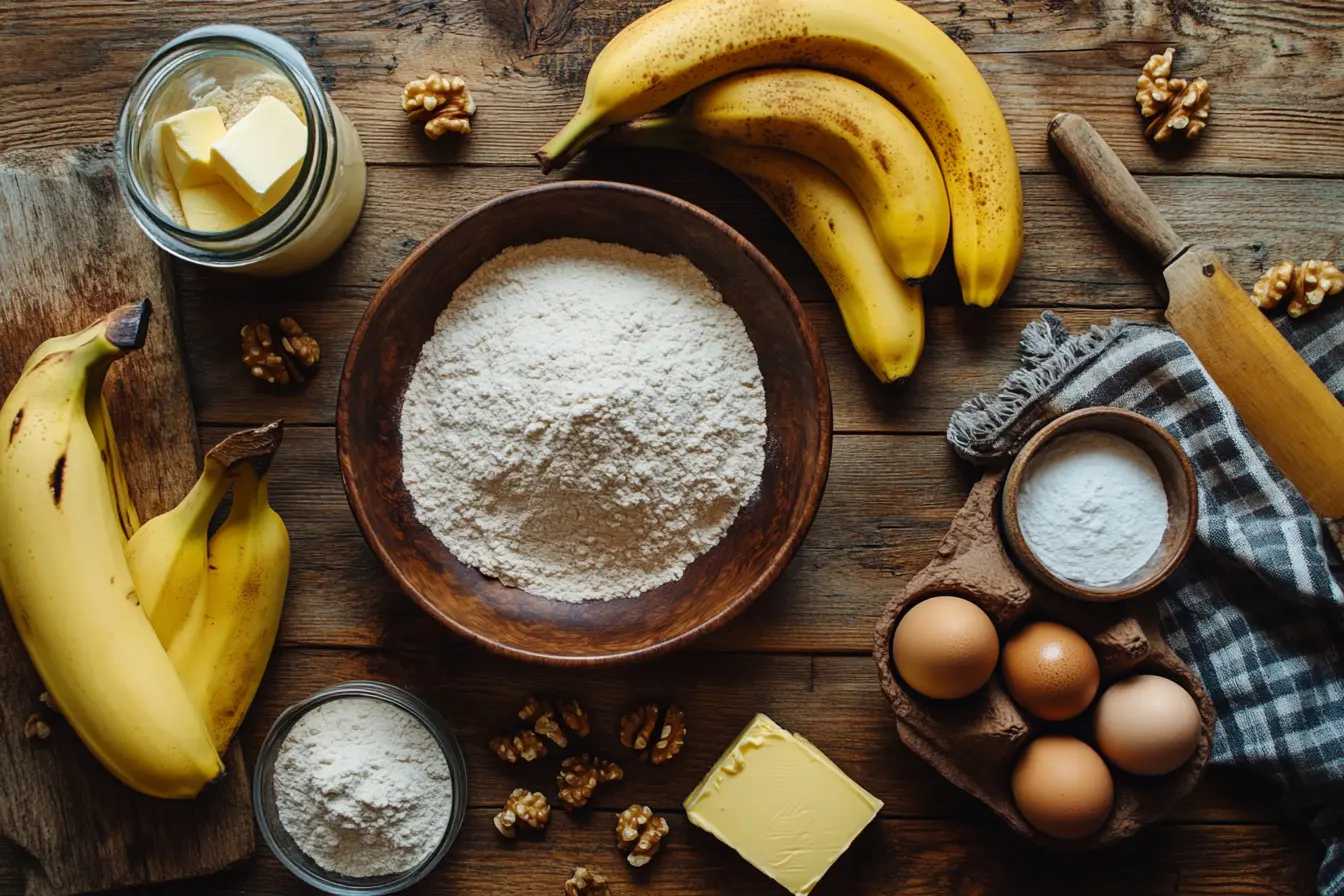 A rustic wooden table with fresh ripe bananas, a bowl of flour, a jar of sugar, a dish of butter, scattered walnuts, and eggs, arranged as essential ingredients for homemade banana bread, illuminated by soft natural light.