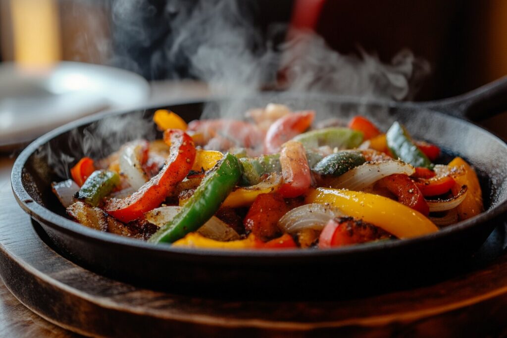 Sautéed bell peppers and onions in a skillet with steam rising.