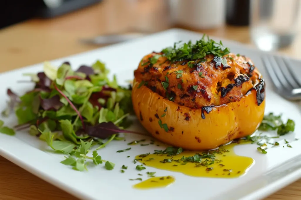 A stuffed bell pepper served with a fresh green salad.