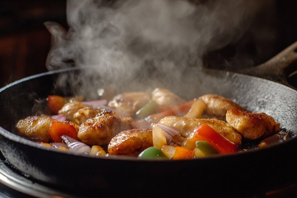  Chicken and veggies sizzling in a skillet.