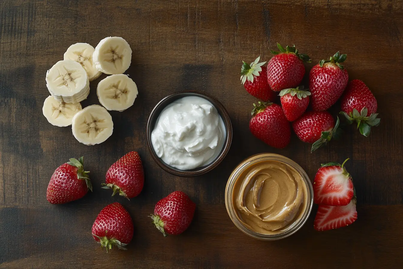 Ingredients for a strawberry banana peanut butter smoothie on a wooden surface.