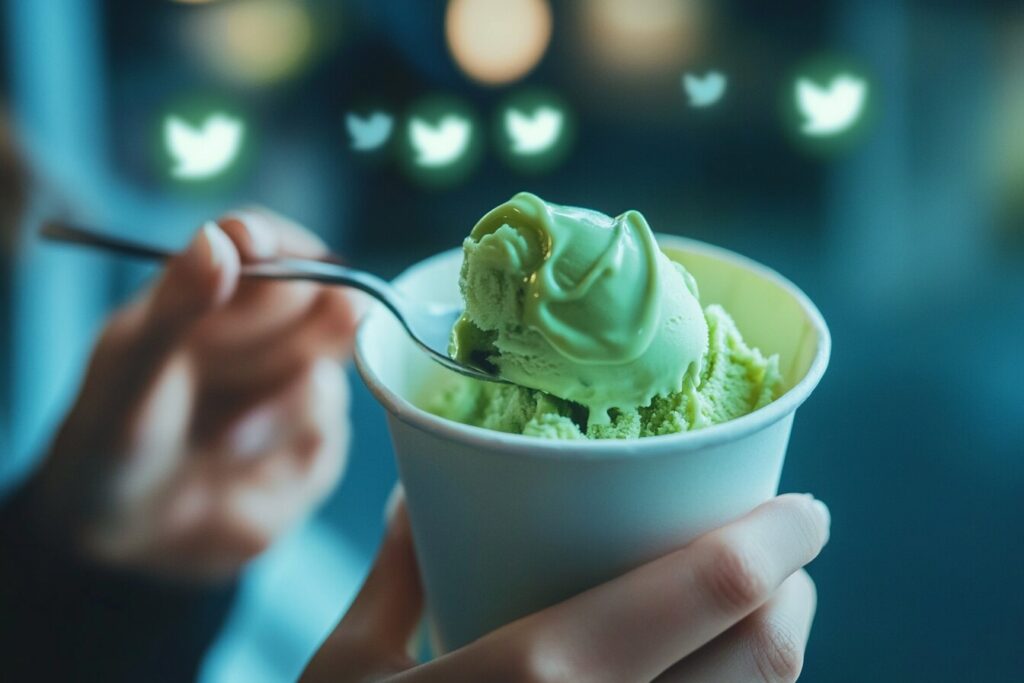 Hands holding a cup of pickle ice cream with a spoonful lifted.