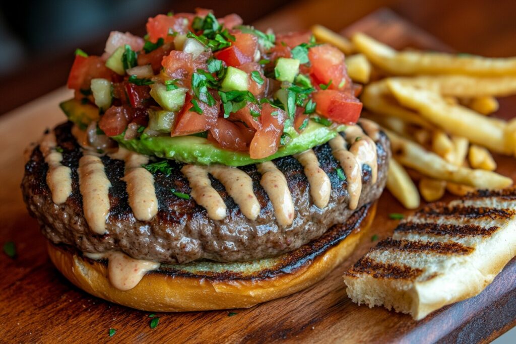 Southwest lean hamburger with avocado and chipotle mayo.