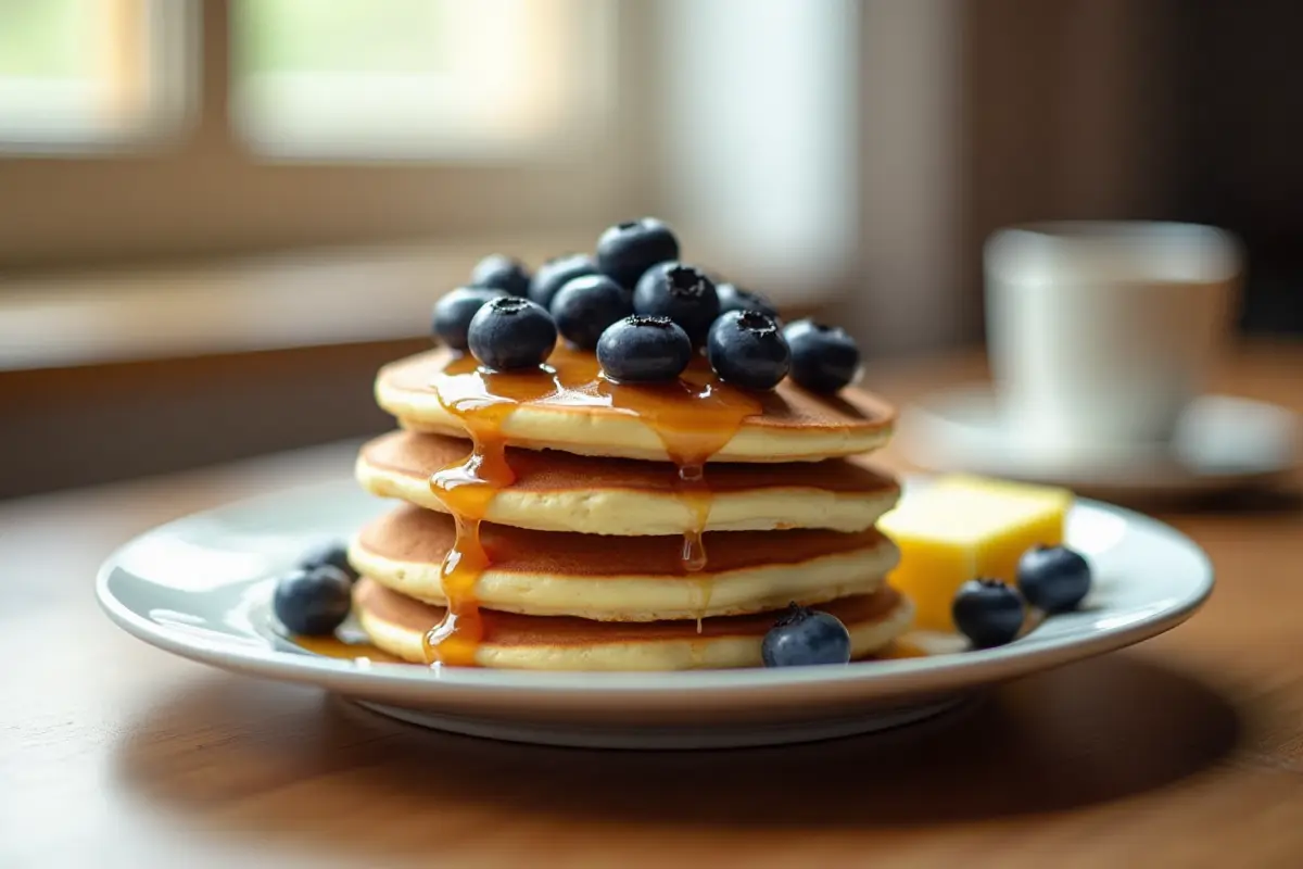 A stack of fluffy pancakes made with Krusteaz Blueberry Pancake Mix, topped with fresh blueberries and syrup on a breakfast table.