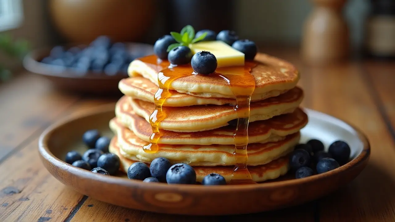 A stack of blueberry pancakes with fresh blueberries and syrup.