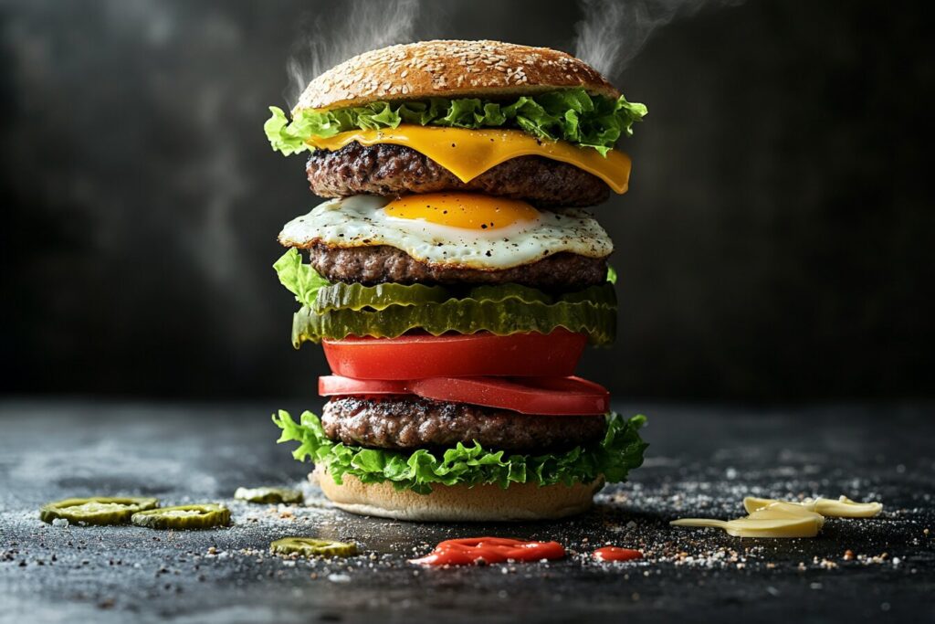 Layered hamburger assembly with beef patty, egg, and fresh toppings.