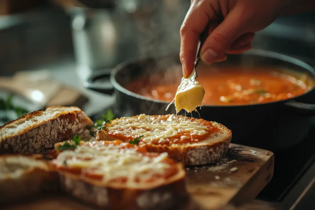 Preparing grilled cheese with tomato soup on the stove.