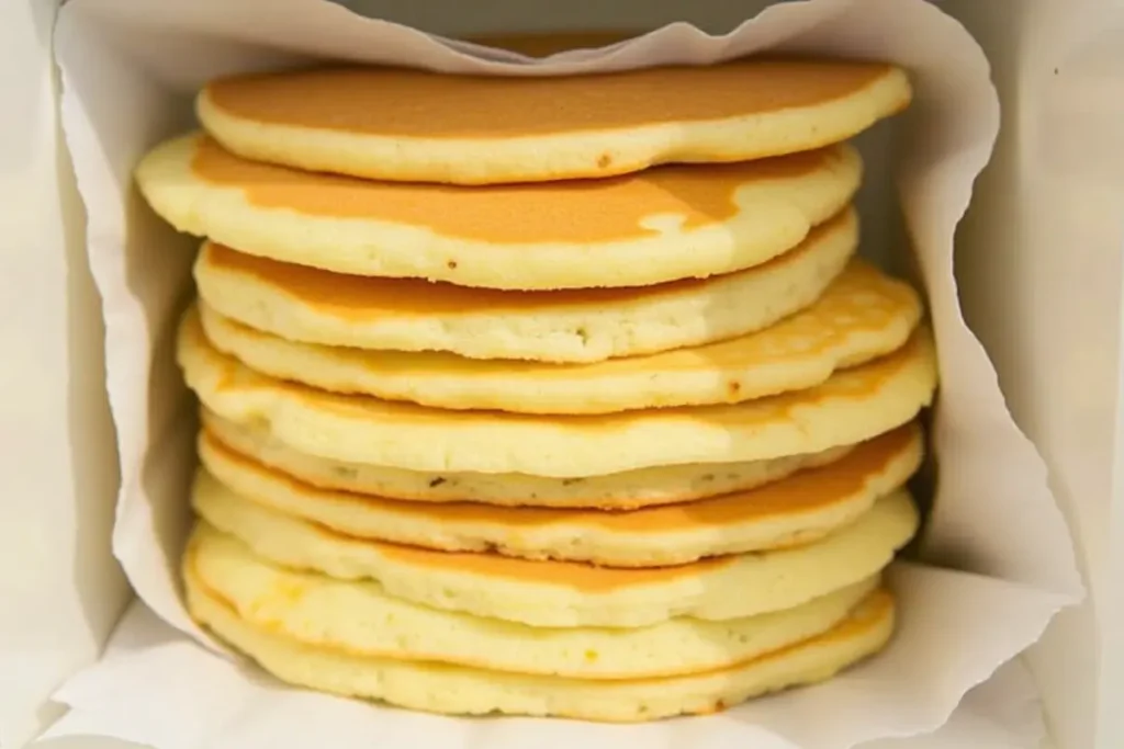 Stacked pancakes with parchment paper in a storage container.