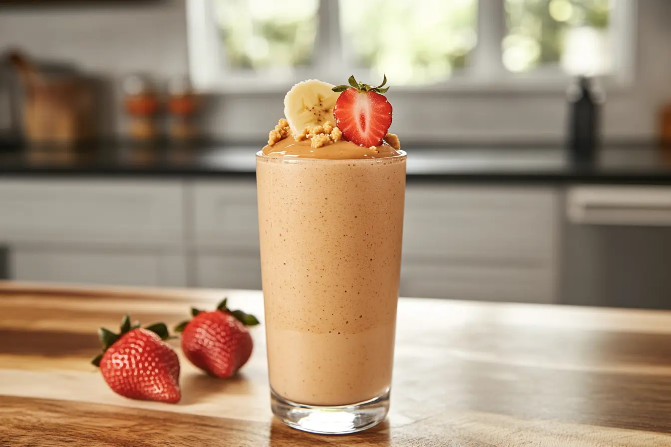 A creamy strawberry banana peanut butter smoothie in a glass with a strawberry garnish.