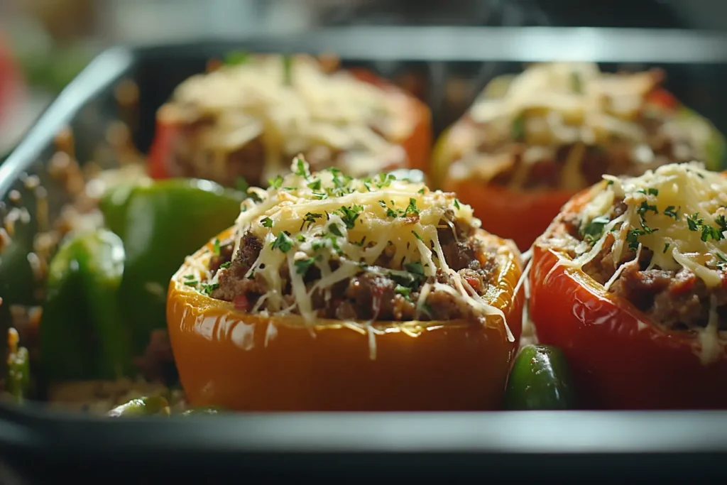 Bell peppers being stuffed with a meat and vegetable filling.