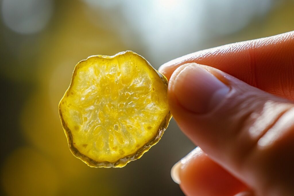 Person holding a crunchy pickle chip with seasoning