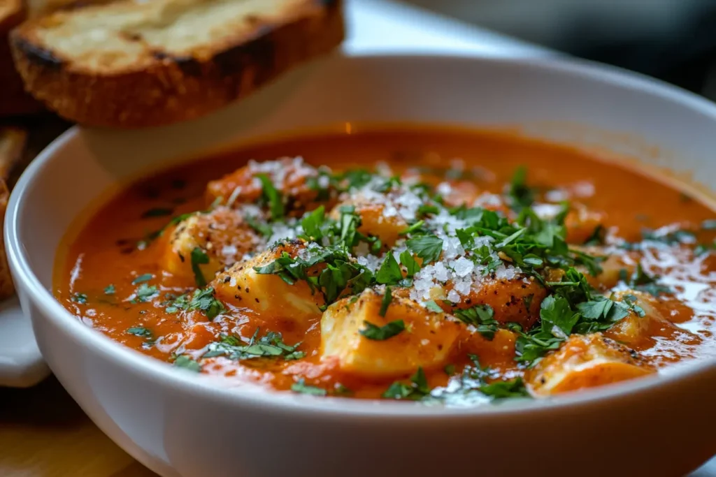 Thick tomato soup topped with fresh herbs and served with grilled cheese.