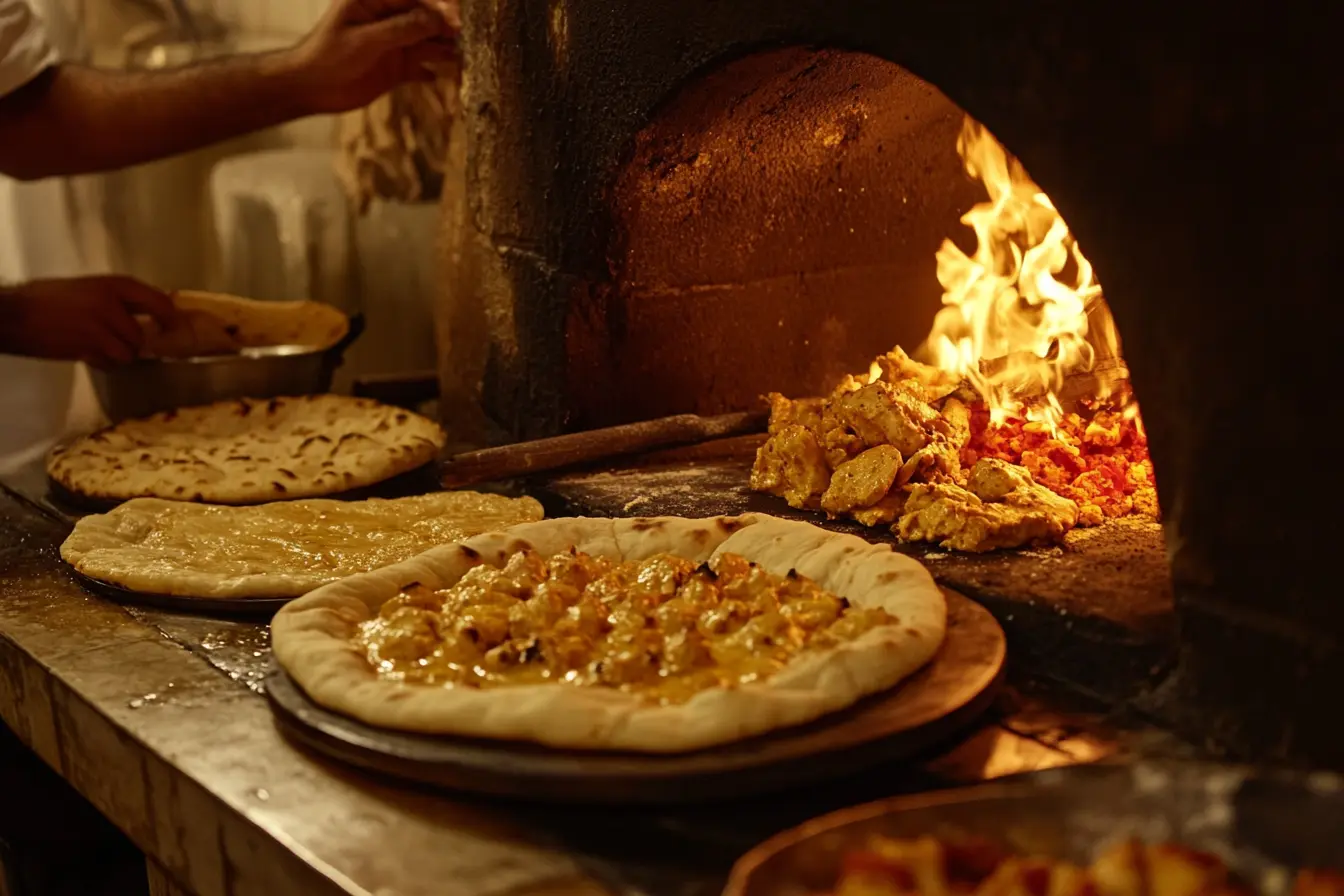  Chef preparing butter chicken and naan in a traditional tandoor.