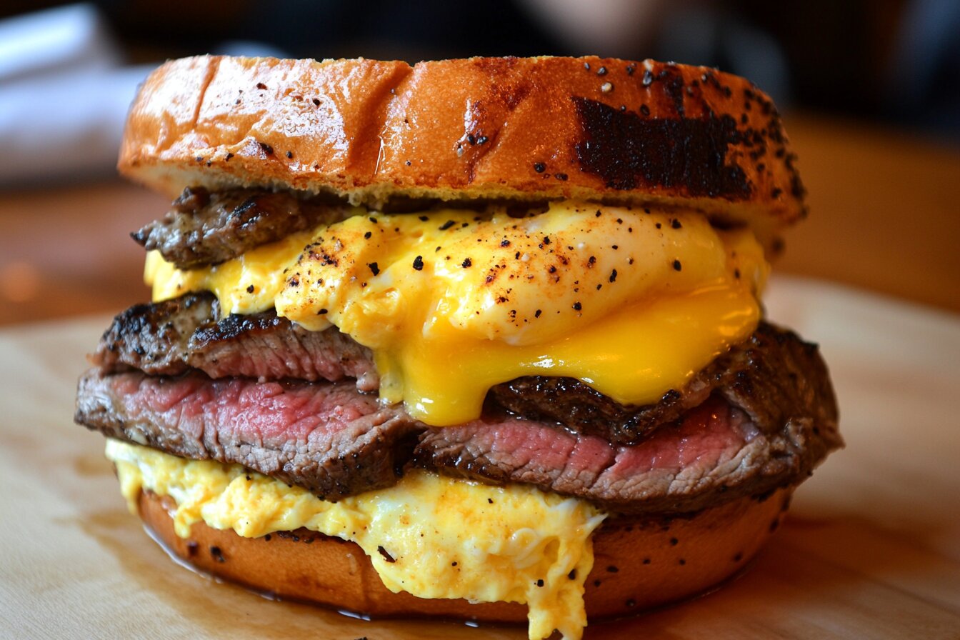 Steak egg and cheese bagel with grilled steak, scrambled eggs, and melted cheese on a toasted bagel