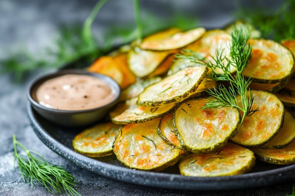 Pickle chips on a plate with dill sprigs and dipping sauce