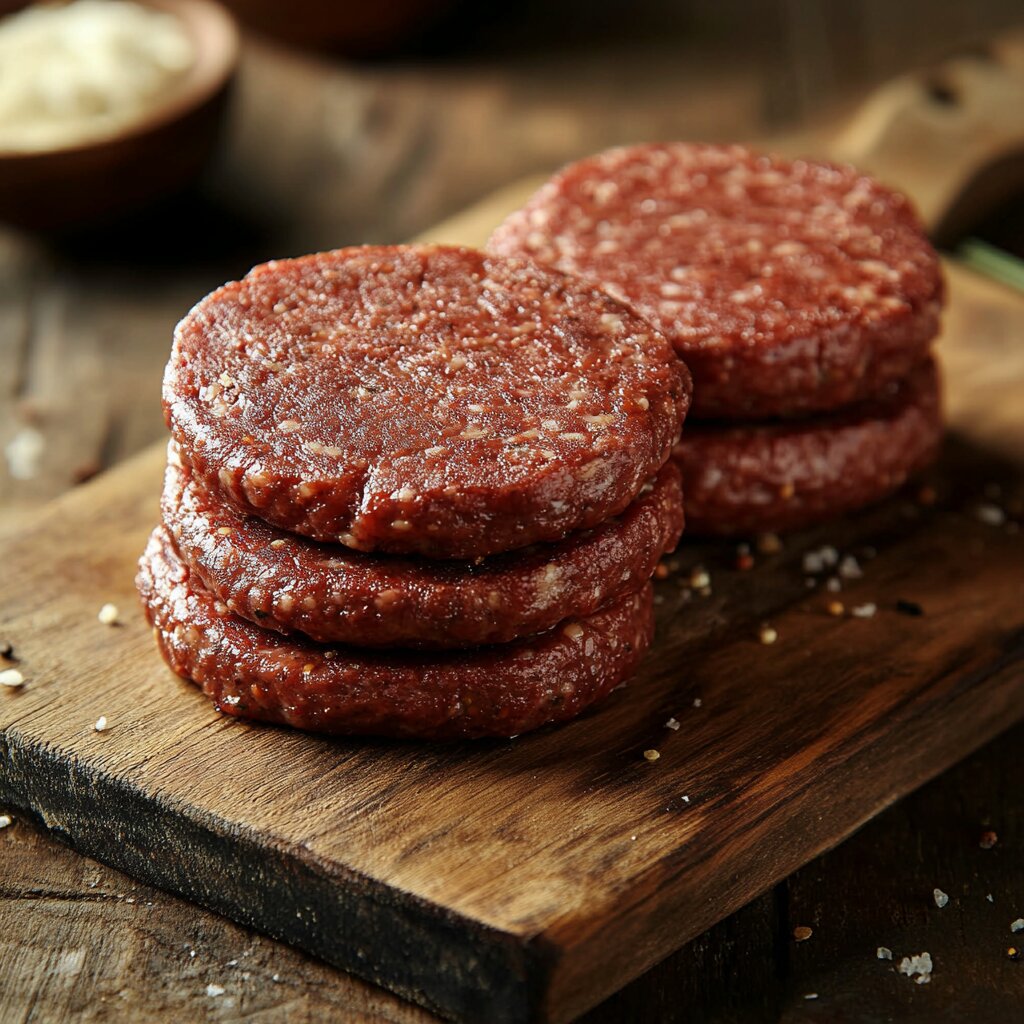 Different types of frozen hamburger patties on a cutting board.