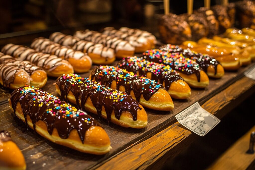 A display case filled with different types of long john donuts