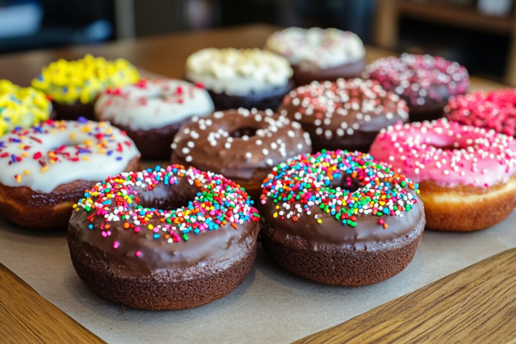 Assorted sprinkled donuts including chocolate, vanilla, and strawberry