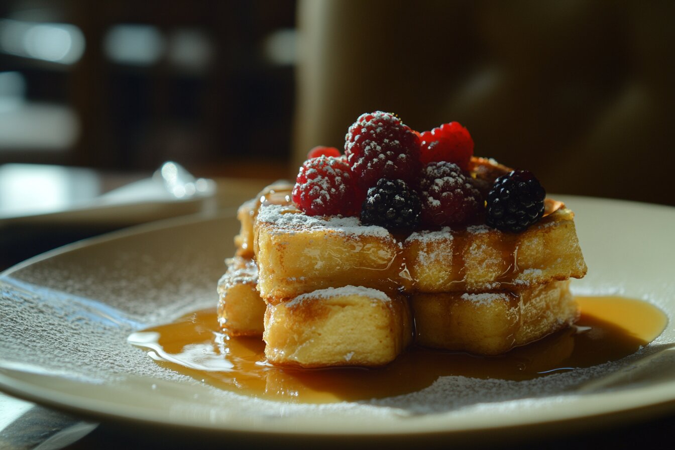 Vegan egg French toast topped with berries and maple syrup