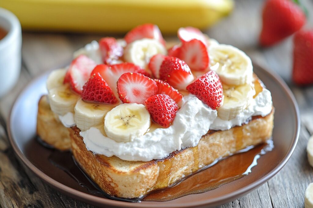 Vegan egg French toast with fresh fruit and whipped cream