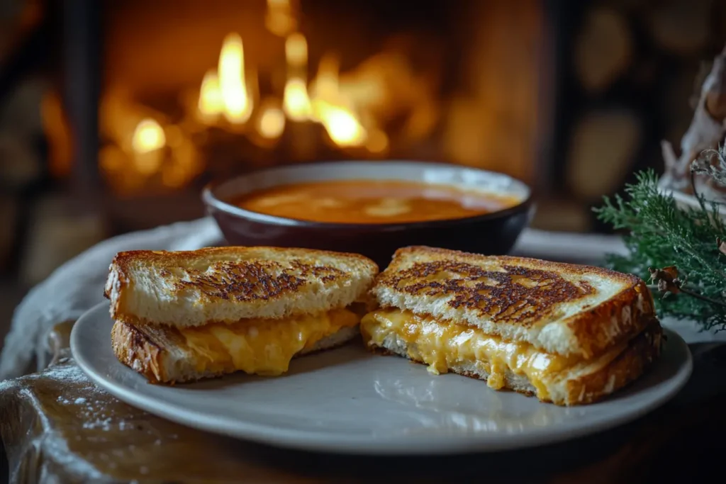 A vegan grilled cheese sandwich with dairy-free cheese and plant-based butter, served with tomato soup.